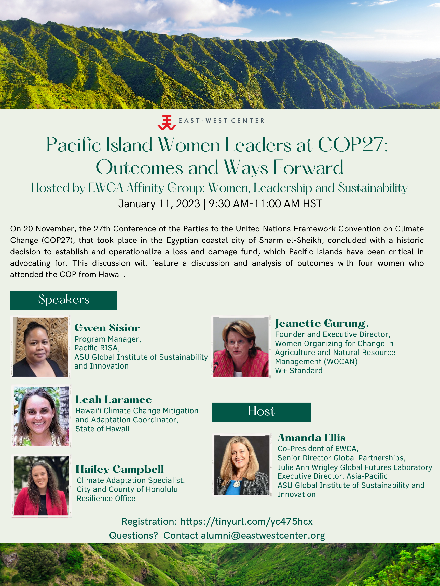 Event flyer for Pacific Island Women Leaders at COP27: Outcomes and Ways Forward