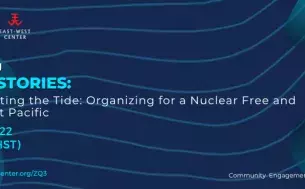 (En)Gendering Pacific Stories: Women Shifting the Tide: Organizing for a Nuclear Free and Independent Pacific flyer header featuring date and time information for the event.