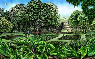 Painting of a lo'i (kalo/taro farm) with large green kalo leaves among other lush greenery (plants and trees), with a man and young girl holding hands, a farmer near a Hawaiian hale (thatched roof house), and Manu o Kū (white terns) flying across blue sky