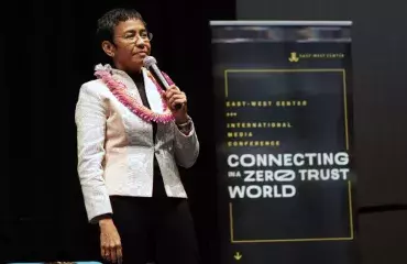 Nobel Laureate Maria Ressa speaks at the 2022 International Media Conference in Honolulu.