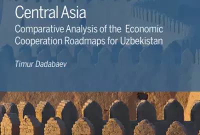 Book cover with photo of long winding building in Central Asia with text overlay that says "Policy Studies 78: Chinese, Japanese, and Korean Inroads into Central Asia."