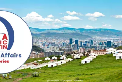 Yurts frame the foreground of Ulaanbaatar cityscape