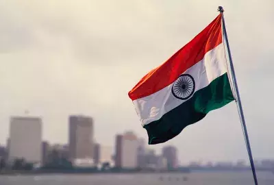 Indian flag in front of Mumbai skyline