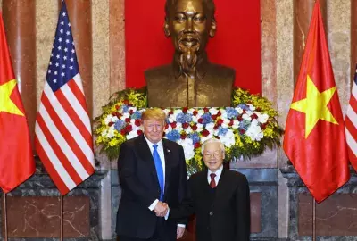 U.S. President Donald Trump (L) and Vietnamese President Nguyen Phu Trong (R) pose at the Presidential Palace on February 27, 2019 in Hanoi, Vietnam. 
