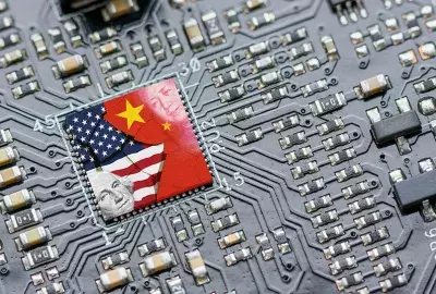 Microchip with US and China flags