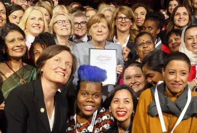 Angela Merkel (CDU, C) attends the W20 conference on April 26, 2017 in Berlin, Germany. 