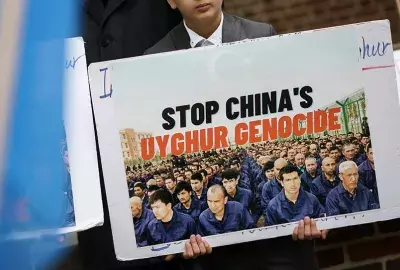 Supporters of the East Turkistan National Awakening Movement rally in front of the British Embassy ahead of an April 22 vote in the British House of Commons on whether or not to declare that a genocide is underway in Xinjiang province and Chinas treatment of the Uyghur Muslims on April 16, 2021 in Washington, DC. 