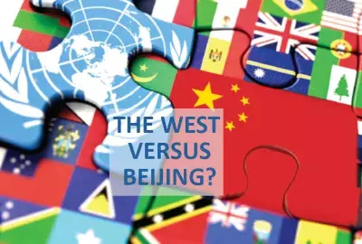 The West Versus Beijing? (Blue text on flag puzzle background)