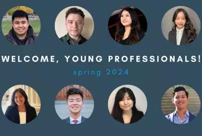 8 circles with young people's headshots, with the text "welcome, young professionals"