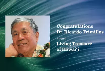 Graphic with photo of Ric Trimillos and text congratulating him on being named a Living Treasure of Hawaii