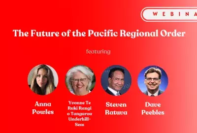A promotional image that reads "The Future of the Pacific Regional Order" with the photos of four speakers