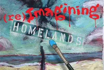 Concert flyer: Image of a painting of blue sky and ocean with sandy beach, a palm tree and clouds, being painted by a hand holding a paintbrush. The text "(re)Imagining Homelands" is overlayed on top.