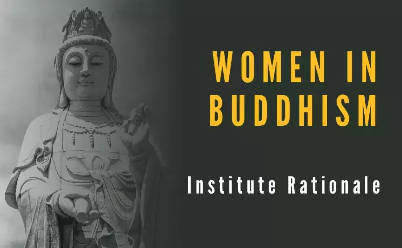 Women in Buddhism Institute Rationale banner with Guanyin statue background image