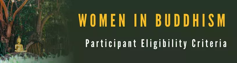 Women in Buddhism Institute Participant Eligibility Criteria banner with Golden Buddha statue in a temple in Chiang Mai, Thailand image in background