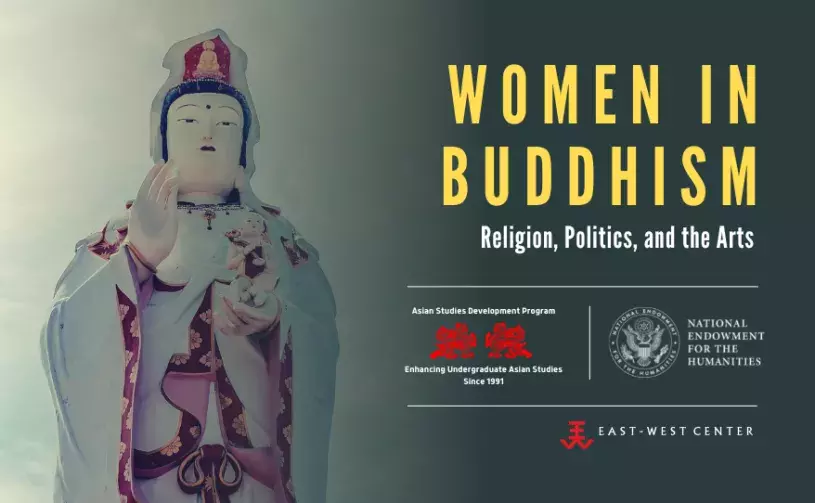 Women in Buddhism Summer Institute banner with Guanyin statue image in background