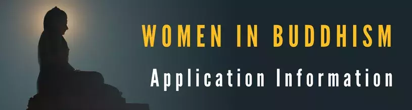 Women in Buddhism Institute Application Information banner with Buddha statue image in background