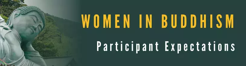 Women in Buddhism Institute Participant Expectations banner with Buddha statue in Japan image background