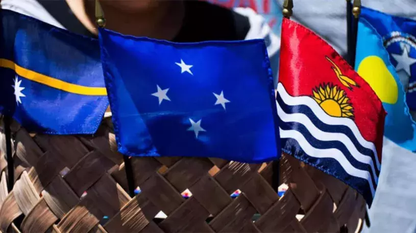 Woven basket holding the Micronesian flags