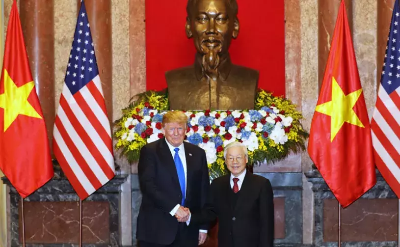 U.S. President Donald Trump (L) and Vietnamese President Nguyen Phu Trong (R) pose at the Presidential Palace on February 27, 2019 in Hanoi, Vietnam. 