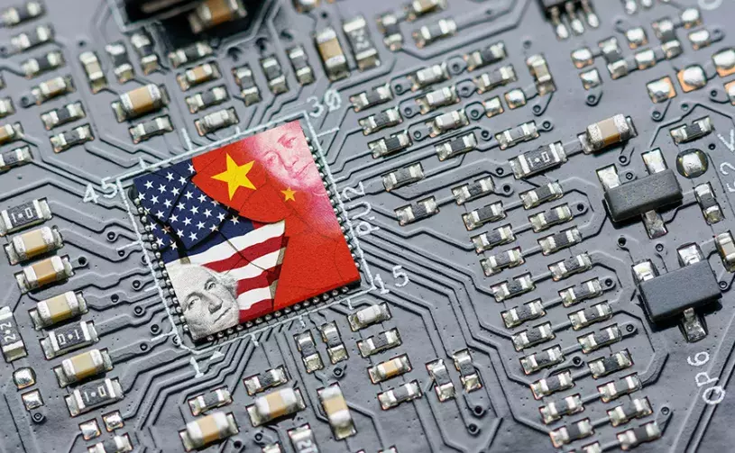 Microchip with US and China flags