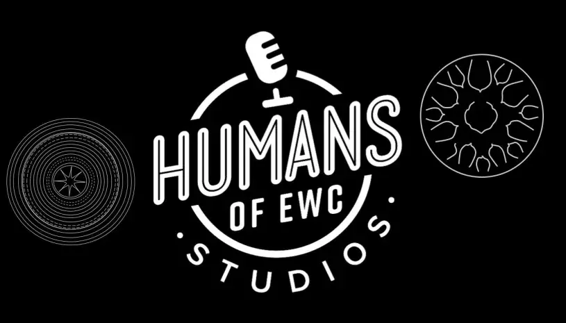 Humans of EWC studio logo (featuring karen bronze drum and tank drum)