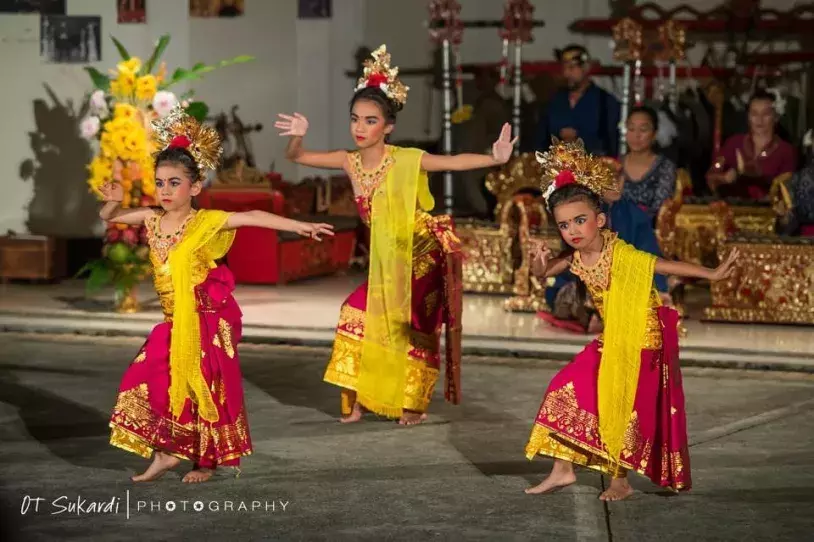 Balinese dancing: three young girls wearing dark pink and yellow costumes with golden headdresses, with a Balinese gamelan music ensemble in the background. 
