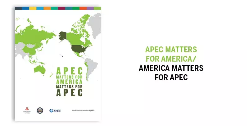 Cover image of a publication title "APEC Matters for America/America Matters for APEC." The cover features a map of the world with APEC countries highllighted.