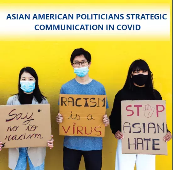 There Asian Americans hold signs with various "Stop Asian Hate" slogan against a yellow backdrop