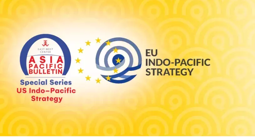 APB Arch indo-pacific special series logo and the EU Info-pacific strategy logo overlaying golden background embossed with swirl designs
