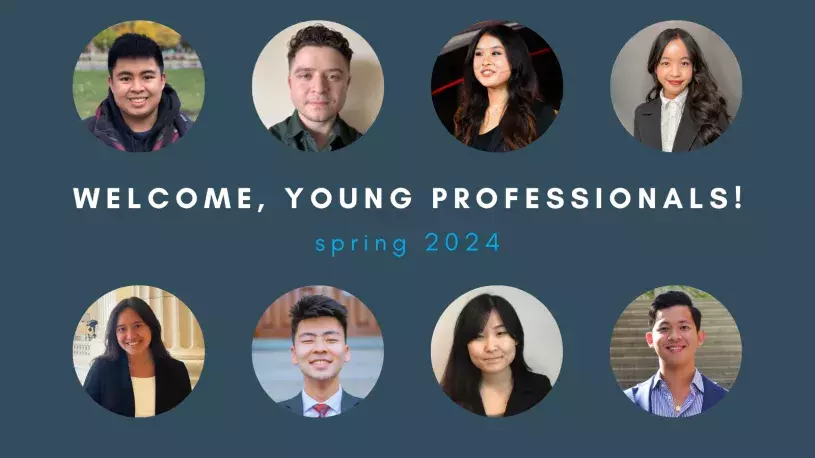 8 circles with young people's headshots, with the text "welcome, young professionals"