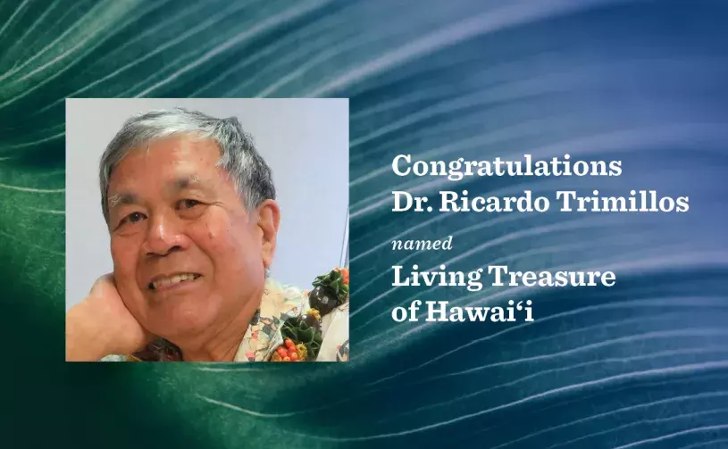 Graphic with photo of Ric Trimillos and text congratulating him on being named a Living Treasure of Hawaii