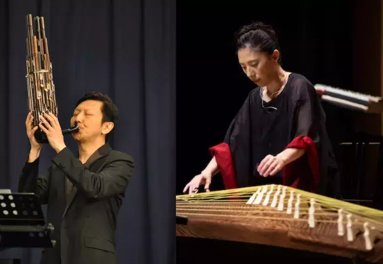 Chinese musician playing a bamboo mouth organ instrument, and Japanese woman plucking the silk strings of a koto zither