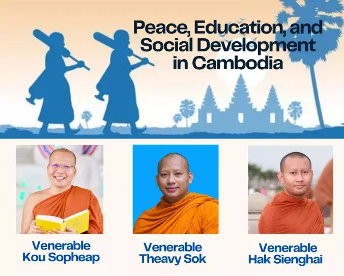 Peace, Education, and Social Development in Cambodia.  Pictures of speakers Venerable Kou Sopheap, Venerable Theavy Sok, and Venerable Hak Sienghai.
