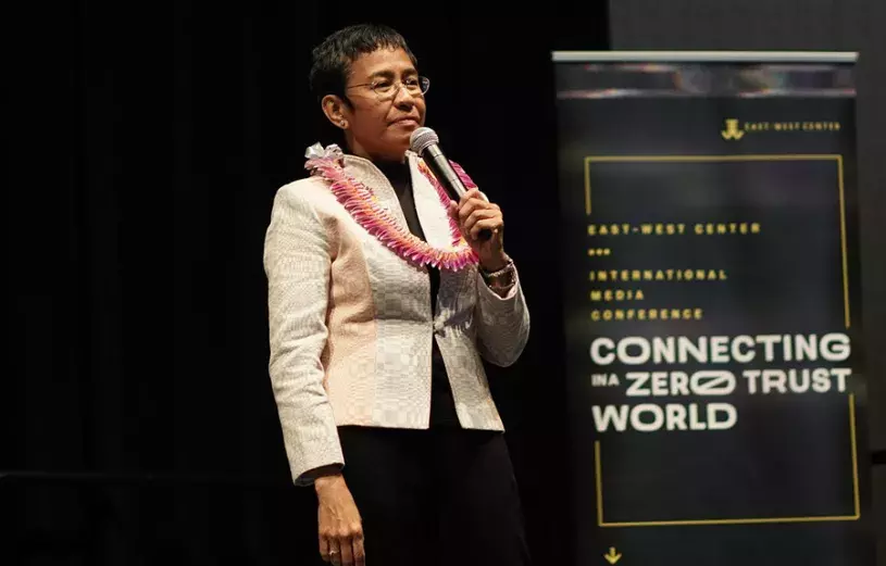 Nobel Peace Prize winner and press freedom champion Maria Ressa speaks on stage at the 2022 EWC International Media Conference
