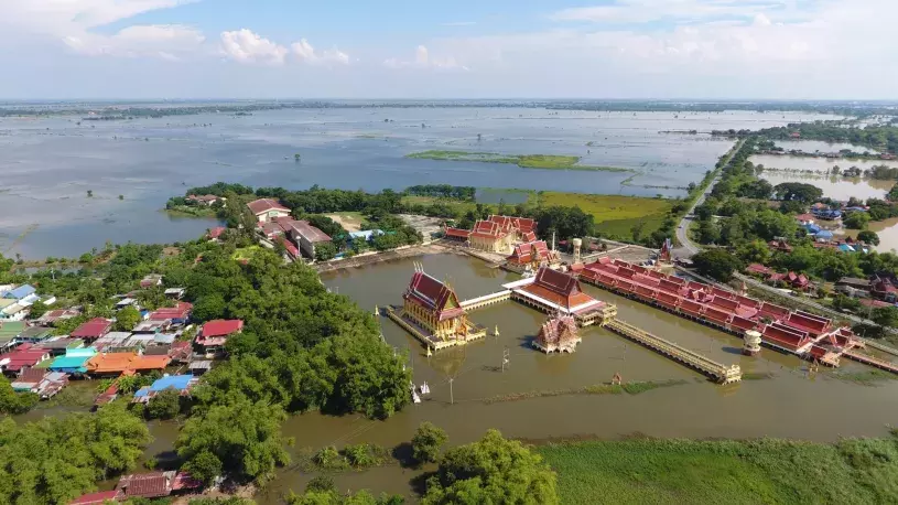 Aerial view of flooded delta landscape in Thailand.