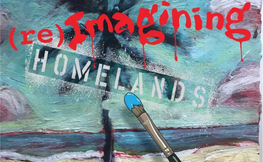 Concert flyer: Image of a painting of blue sky and ocean with sandy beach, a palm tree and clouds, being painted by a hand holding a paintbrush. The text "(re)Imagining Homelands" is overlayed on top.