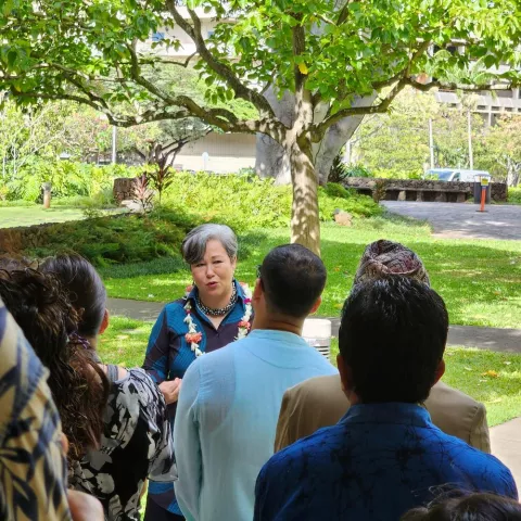 East-West Center President Suzy Vares Lum welcoming the 2023 Asia Pacific Leadership Program fellows.
