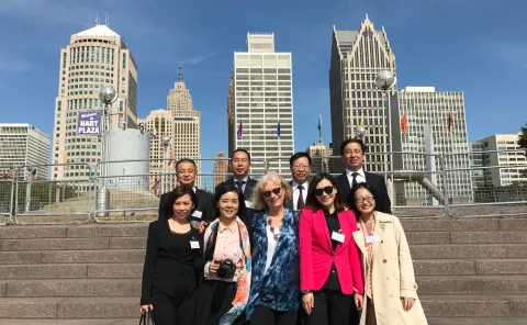Members of the 2017 China-United States Journalists Exchange pose for a group photo in Detroit.
