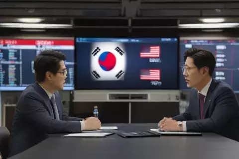 AI generated image of individuals debating in front of computer screens displaying US-Korea iconography