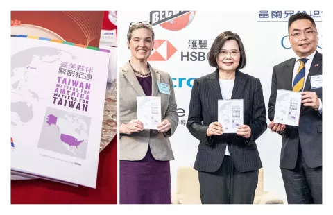 (Left) Copies of Taiwan Matters booklet (Right) Director of the American Institute in Taiwan Sandra Oudkirk, President of Taiwan Tsai Ing-Wen, and American Chamber of Commerce in Taiwan Chairperson Vincent Shih stand holding copies of Taiwan Matters for America/America Matters for Taiwan