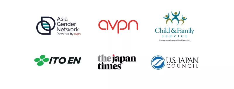 Logos of Asia Gender Network, AVPN, Child & Family Service, ITO EN, Fish Family Foundation, the Japan Times, and the U.S.- Japan Council.